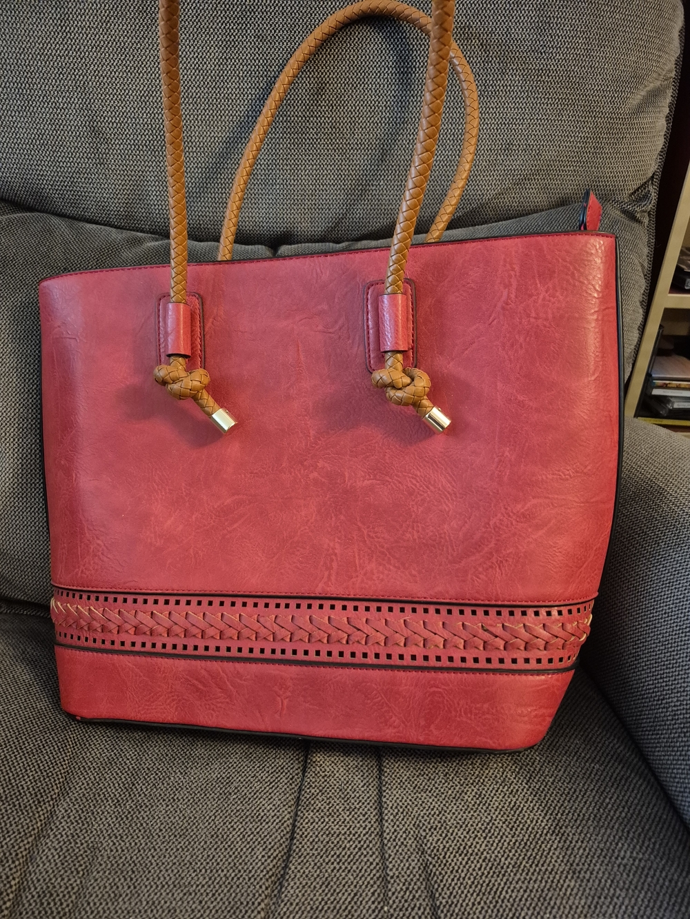 Red Women's Tote Bag with Braided Trim